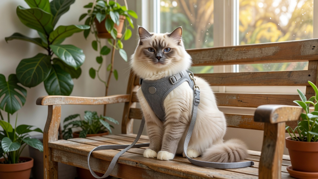 Cat on a harness exploring