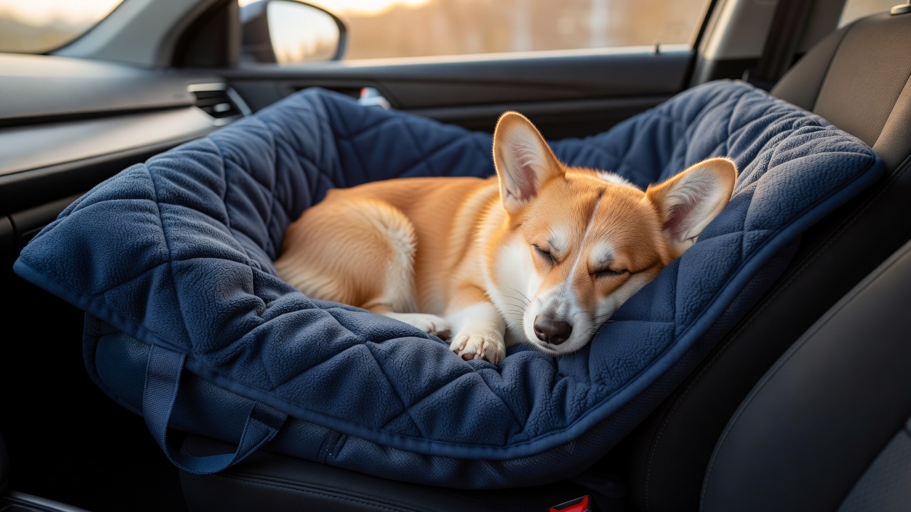Happy dog on a travel blanket